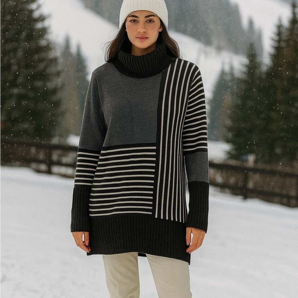 Krimson Klover Stripe Turtleneck Tunic Merino Wool Sweater